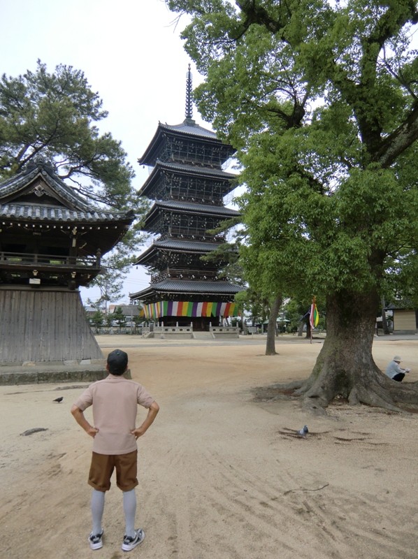 Homme se tenant devant la pagode de Zentsū-ji