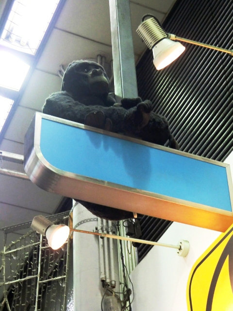 Gorille en peluche perché dans le centre-ville de Takamatsu.